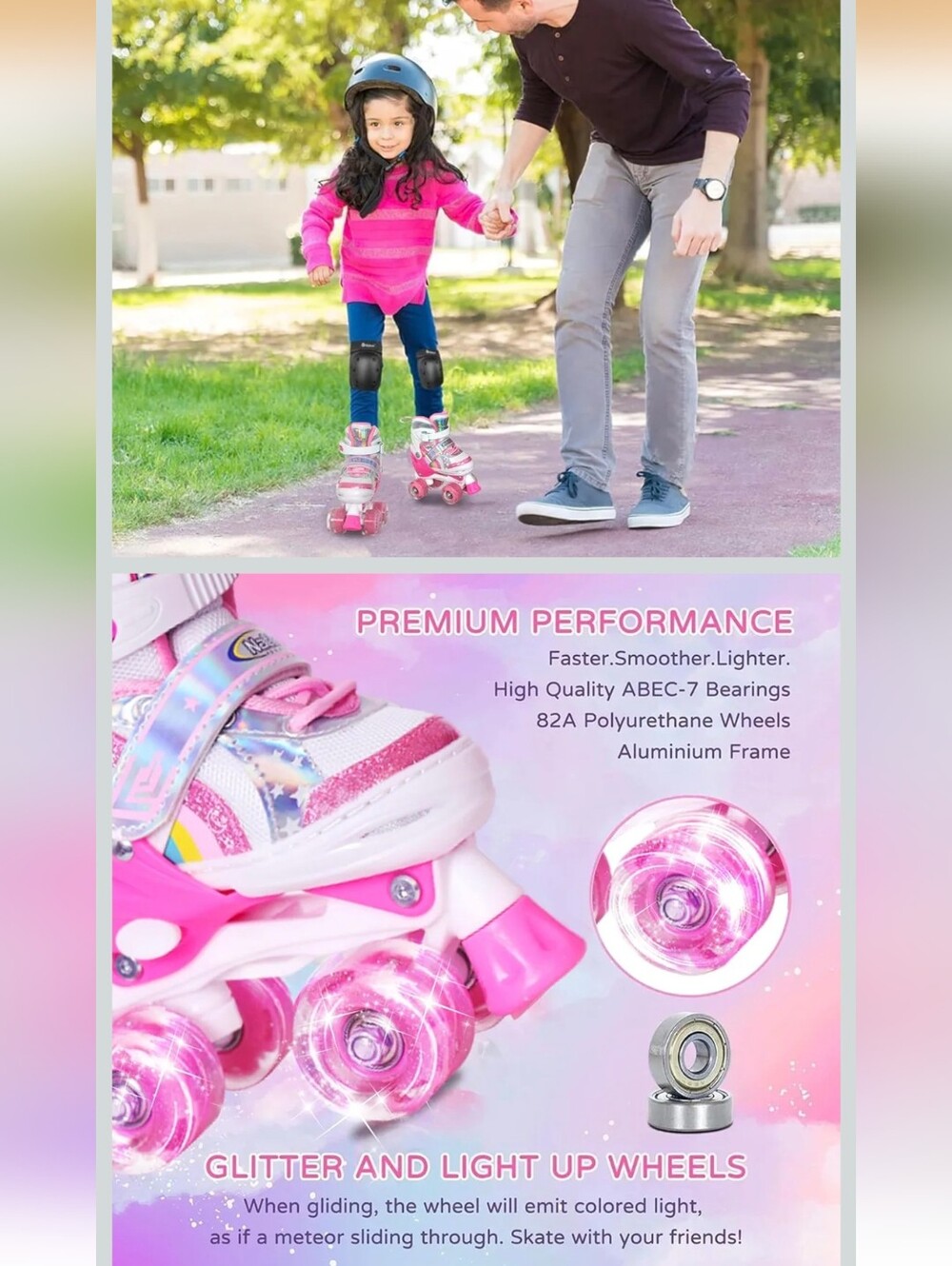 NATTORK Kids Light-Up, Adjustable Roller Skates - Sparkle Wheels